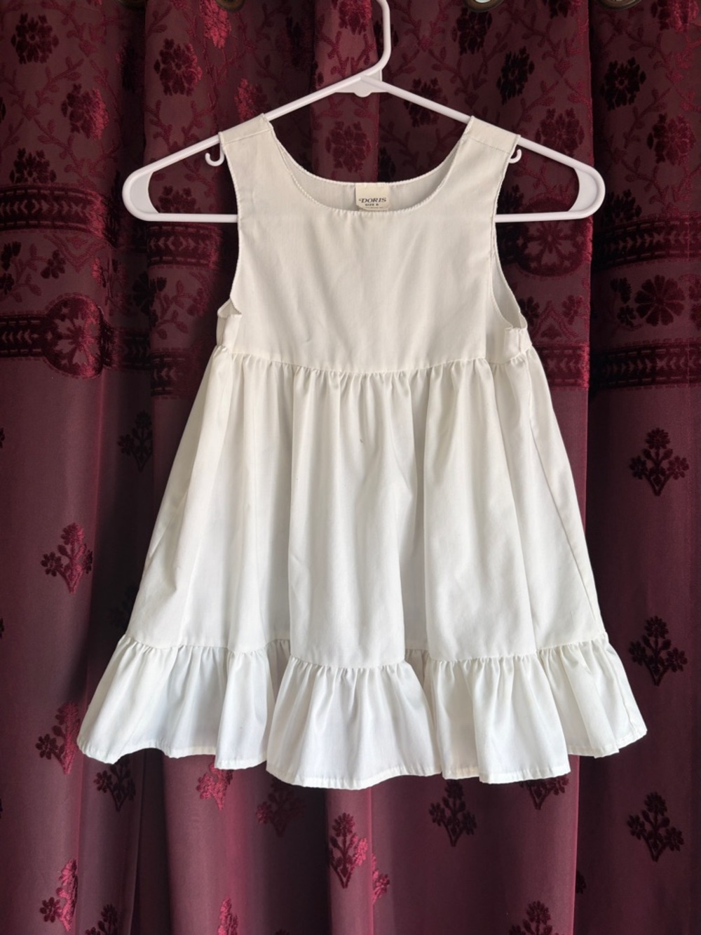 Vintage White Sleeveless Ruffle Hem Kids Apron Dress by Doris Size 6